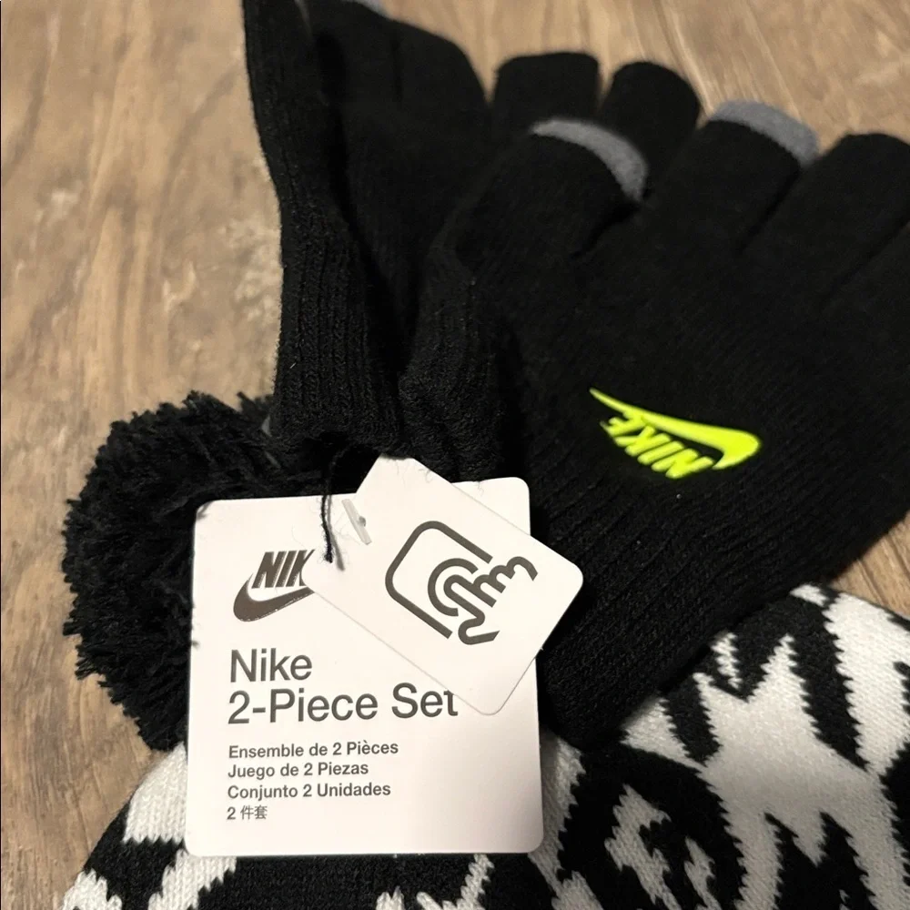 Nike 2pc. Knit Cuffed pom-pom beanie,touch screen gloves,pattern,neon green logo